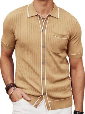 Mens Apricot Camel Vintage Knit Button Down Polo Casual Beach Vacation Shirt